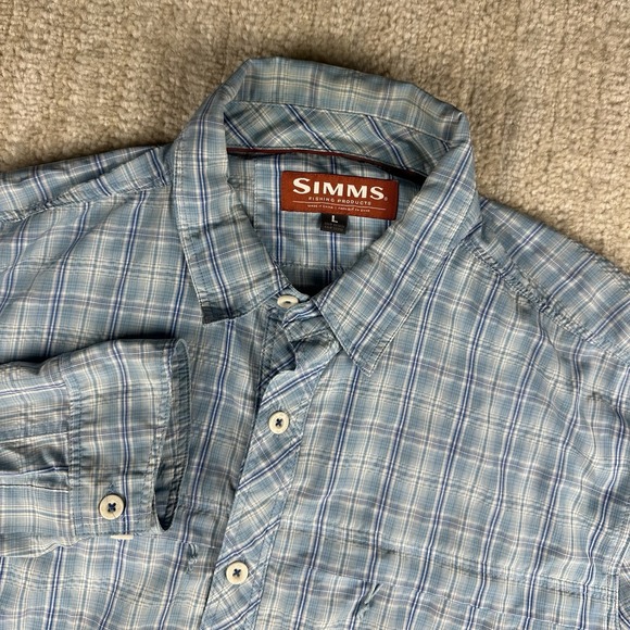 Simms Mens Large Long Sleeve Blue White Plaid Fishing Vented Western Camp - Picture 1 of 6